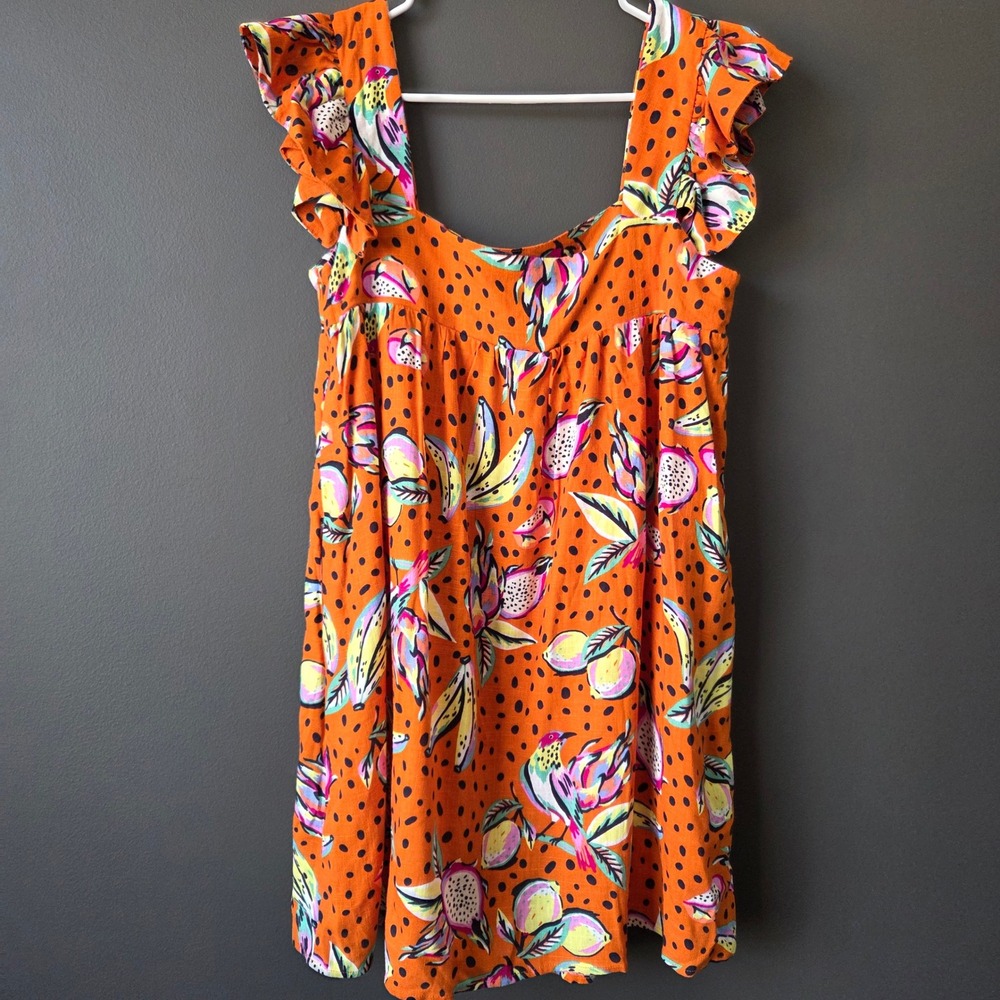 Kourt Small Orange Tropical Print Ruffle Mini Babydoll Dress Linen Blend Boho - Picture 3 of 8